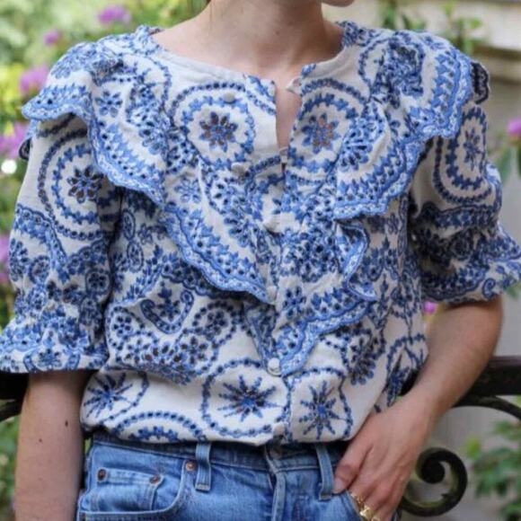 Sezane South Blouse Embroidered Floral Eyelet 
Blouse Summer French Blouse US 6 - Picture 14 of 14